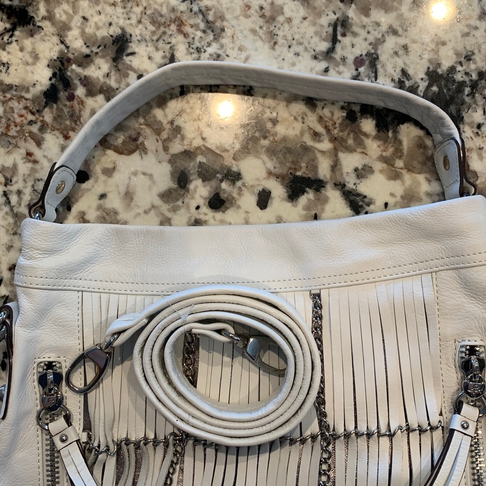 B. Makowsky Alexis Pebble Leather Hobo with Chain & Fringe - white - Picture 3 of 15